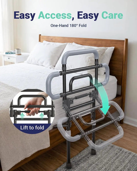 One Hand Fold Bed Rail For Seniors, black rail folded beside wooden bed, 180 degree folding functionality with easy lift detail shown