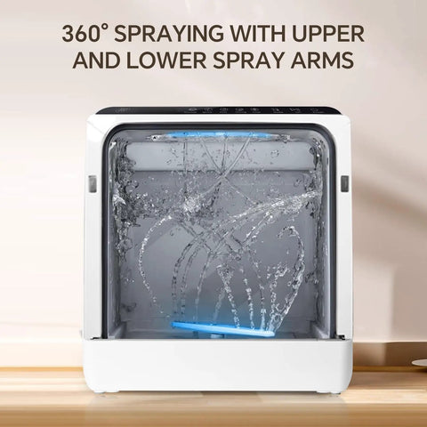No Sweat Countertop Dishwasher With Built In Water Tank showing 360° sprayers and water splashing inside.