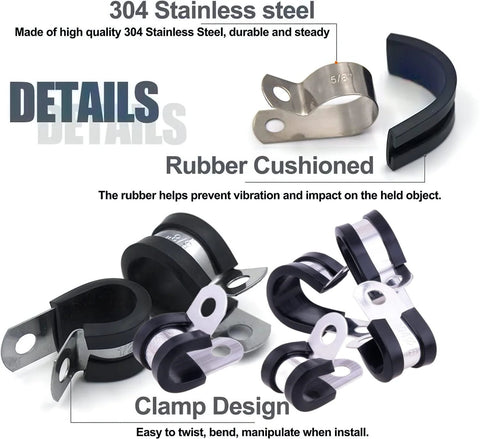 Cable clamp kit with 68 stainless steel rubber-cushioned clamps in 8 sizes (1/4–1 in) for securing cables