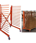 Pro Level 15 Tier Paint Drying Rack With Smooth Rolling Wheels And Quick Slide Width Adjustment From 12 To 58 Inches shown in an industrial setting.