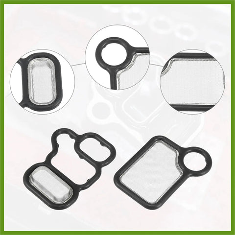 Image of Honda VTEC Solenoid Gasket Kit Pack Of 3 Spool Valve Filter Screen With O Ring Black Replacement Parts For CRV Accord Civic Element Fit RDX RSX TSX Model Years Compatible.