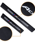 Four Piece Carbon Fiber Look And Textured Leather Door Sill Protectors For Daily Drivers slick black threshold guards close-up view