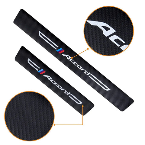 Four Piece Carbon Fiber Look And Textured Leather Door Sill Protectors For Daily Drivers slick black threshold guards close-up view