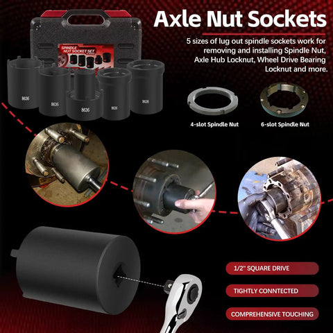 Five Piece Spindle Nut Socket Tool Kit One Half Inch Drive For Ford Dana 50 60 Chevy Dodge SUVs Light Trucks with Case and Sockets
