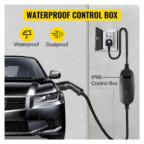 Portable Type 2 Electric Vehicle Charger With Bright Digital Monitor And Seamless 10 Through 32 Amp Configurations For No Sweat Plug In Power That Will Keep Your Electric Car Ready For Action, showcasing waterproof IP66 control box.