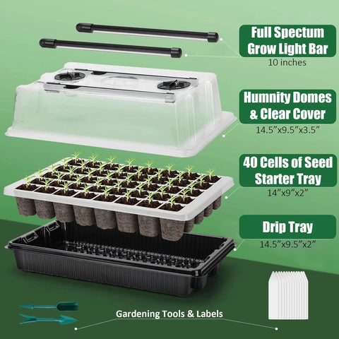 Seed Starter Tray Kit With Grow Lights showing humidity dome, 40 cell tray for germination and sprouting, and drip tray.