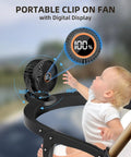 Clip On Battery Operated Mini Desk Fan With Digital Display, 3 Speeds Adjustable, 360 Degree Bidirectional Rotation on stroller