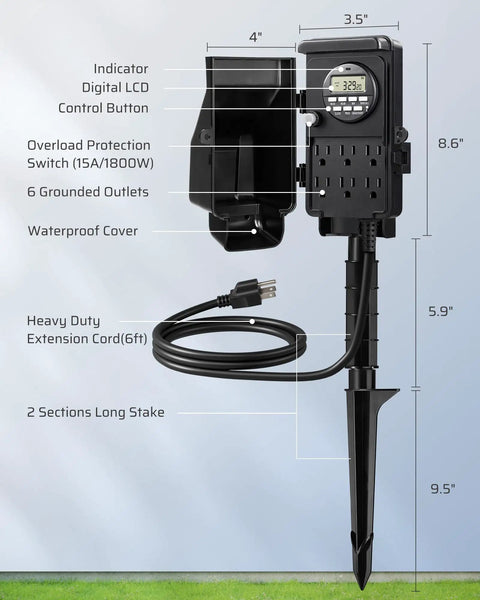Outdoor Digital Power Strip Timer With 6 Outlets Waterproof Garden Power Stake And 6 Foot Cord Heavy Duty 15A Digital Timer For Lights Yard And Garden with labeled parts including grounded outlets and waterproof cover