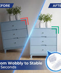 10 Pack Adjustable Furniture Levelers And Flexible Shims To Knock Out Pesky Wobbles On Couches Tables And Uneven House Floors With Strong Nonslip Grip Design shown stabilizing a blue dresser.