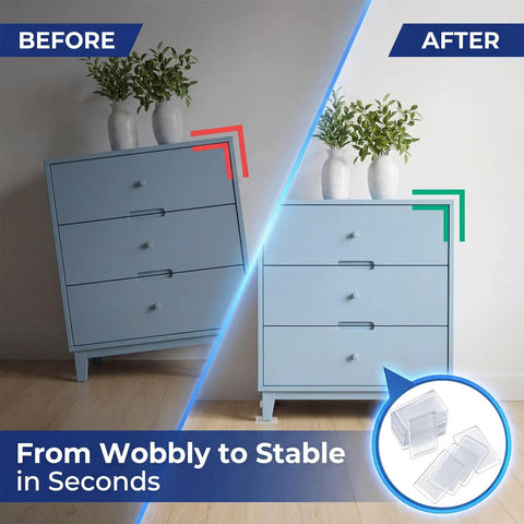 10 Pack Adjustable Furniture Levelers And Flexible Shims To Knock Out Pesky Wobbles On Couches Tables And Uneven House Floors With Strong Nonslip Grip Design shown stabilizing a blue dresser.