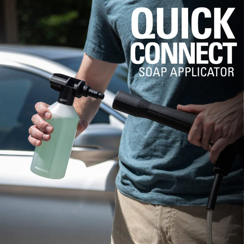 Man using Quick Connect soap applicator with 1700 PSI Electric Pressure Washer With 1.2 GPM to clean car surface.