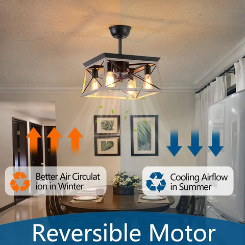 Rustic Farmhouse Caged Ceiling Fan With Light and Remote, 4 Light Metal Ceiling Fan for Living Room Bedroom Kitchen, displayed over dining area