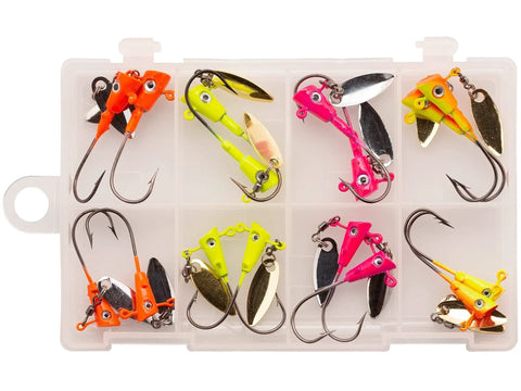 Fin Spin Jig Kit With Shad Dart Lure Action For Crappie And Freshwater Tackle Gear in plastic box, vividly colored jigs