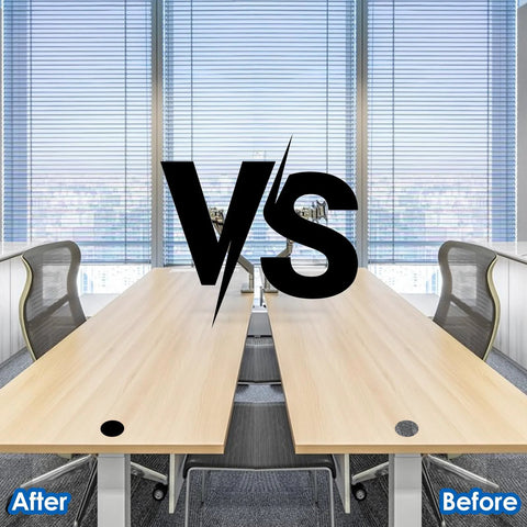Office desk with assorted rubber plugs set before and after installation comparison, focus on silicone stoppers for holes.