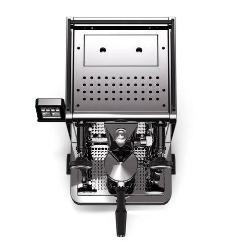 Heavy Duty Dual Boiler Espresso Machine Featuring Programmable Pre And Post Infusion view from above with sleek stainless finish.