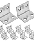 Heavy Duty L Shaped Shelf Brackets 10 Pack, 90 Degree Corner Braces in 304 Stainless Steel shown in organized layout