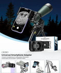 Universal Telescope Phone Mount Adapter with moon image display on smartphone attached to telescope with one piece clip