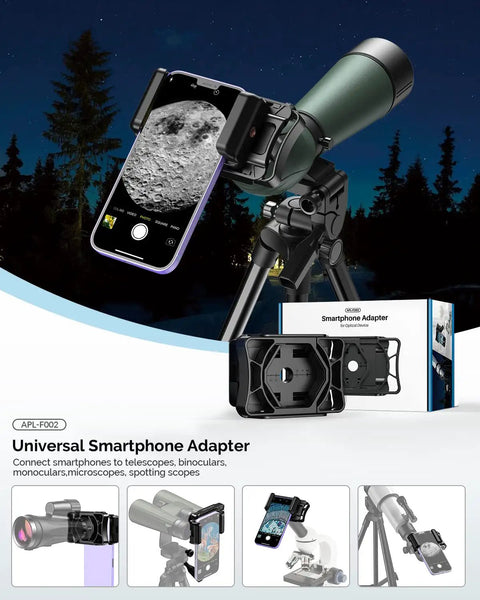 Universal Telescope Phone Mount Adapter with moon image display on smartphone attached to telescope with one piece clip