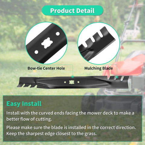 Gator Mulching Blade For 21 Inch Deck close-up with bow-tie center hole and mulching features, replaces 942-0741 variants