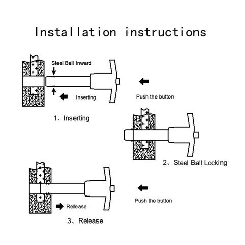 Diagram of installation instructions for Stainless Steel T Handle Ball Lock Pin with lanyard quick release mechanism.