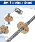 Two Pack 450mm TR5X1 Lead Screws With Brass Nut For 3D Printer Upgrade, featuring 304 stainless steel rod and brass nut close-up