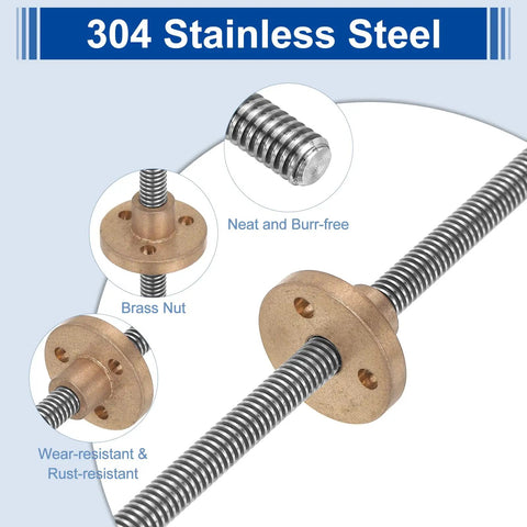 Two Pack 1000mm Tr5x1 Lead Screws With Brass Nut 1mm Pitch 1 Start 304 Stainless Steel Rods with brass nut details, rust-resistant.