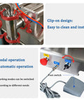 Straight Shooter Semi Automatic Double Head Bottle Filler Machine Pneumatic Stainless Steel 100 To 1000 Ml showing clip-on design and pedal operation.