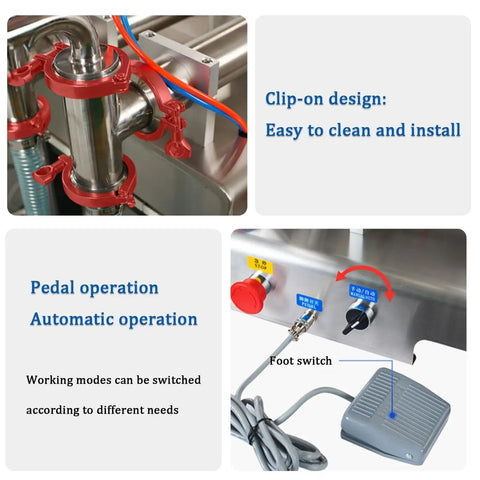 Straight Shooter Semi Automatic Double Head Bottle Filler Machine Pneumatic Stainless Steel 100 To 1000 Ml showing clip-on design and pedal operation.