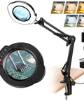 10X Lighted Magnifying Glass With LED Desk Lamp, showing magnifier on circuit board and adjustable arm with five color modes.