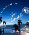 San Clemente California USA sunset with pier and palm trees, featuring "Proudly Made in USA" text.