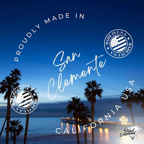 San Clemente California USA sunset with pier and palm trees, featuring "Proudly Made in USA" text.