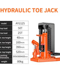 High Capacity Hydraulic Claw Jack Rated For 25 Ton Toe And 50 Ton Top Lift showing detailed specifications and design features.
