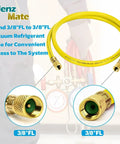 72 Inch 3/8 Inch HVAC Vacuum Hose Pro Grade With Standard 3/8 X 3/8 Flare Fittings in yellow for fast evacuation and recovery.
