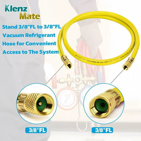 72 Inch 3/8 Inch HVAC Vacuum Hose Pro Grade With Standard 3/8 X 3/8 Flare Fittings in yellow for fast evacuation and recovery.