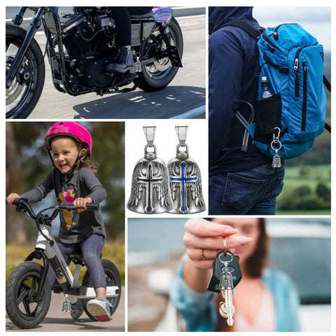 Two Pack Motorcycle Bell Set With Gift Box And Legend Card, Weatherproof Badass Good Luck Charm For Riders, Black And Blue.