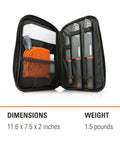 Open travel case showing Compact 6-Piece Camping Knife Set With Santoku, Paring Knife, Serrated Bread Knife, Cutting Board, and accessories.