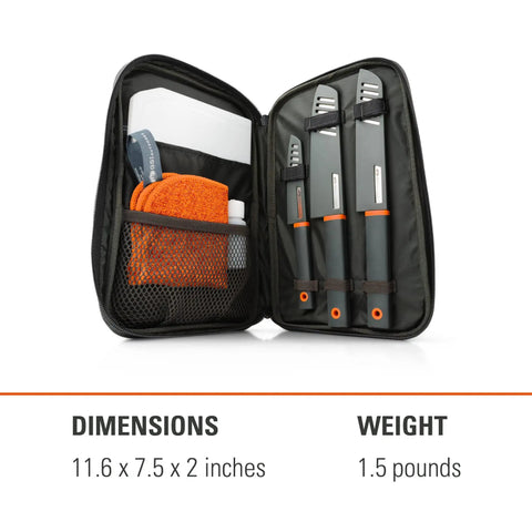Open travel case showing Compact 6-Piece Camping Knife Set With Santoku, Paring Knife, Serrated Bread Knife, Cutting Board, and accessories.