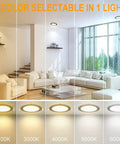 Living room with 12 Pack 6 Inch Ultra Thin LED Recessed Canless Wafer Downlights With Junction Box 15W 1200 Lumens Five CCT