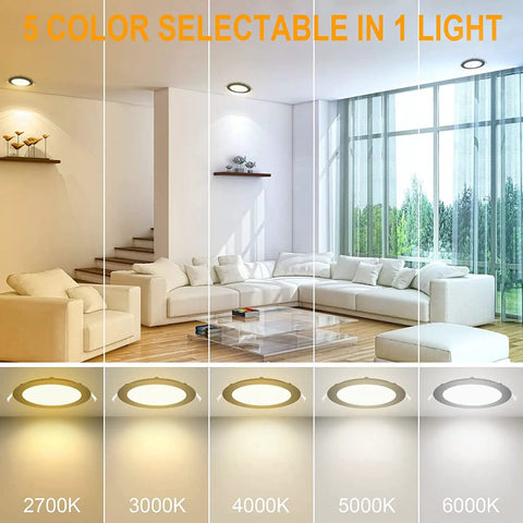 Living room with 12 Pack 6 Inch Ultra Thin LED Recessed Canless Wafer Downlights With Junction Box 15W 1200 Lumens Five CCT