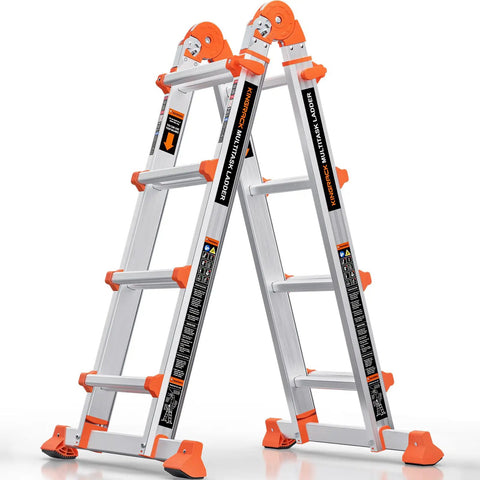Frame Style 4 Step Extension Ladder, 11.4 Ft Telescoping Aluminum With Anti Slip Stabilizer Bar, 330 Lb Load, Multi Position Ladder For Stairs, Home, Roof, Outdoor Projects, Easy Open And Stable Setup shown open on a white background