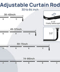 Adjustable curtain rod diagram showing size range from 30 to 86 inches with wraparound design and telescopic feature
