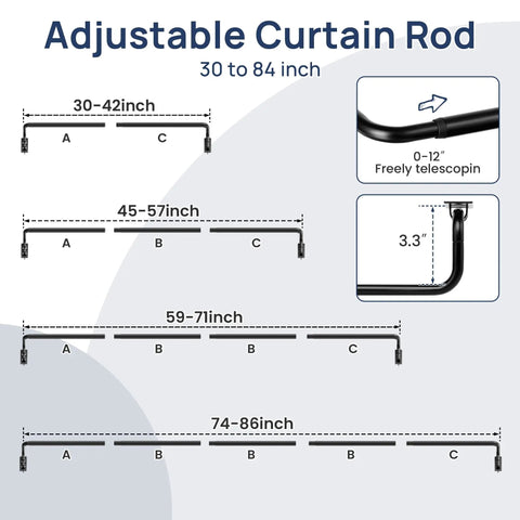 Adjustable curtain rod diagram showing size range from 30 to 86 inches with wraparound design and telescopic feature