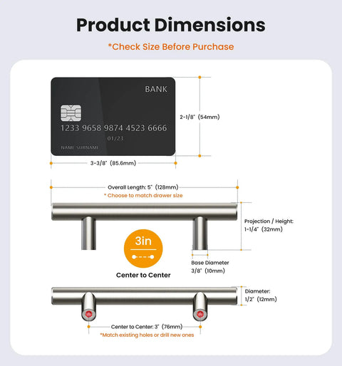 Dimensions of 30 Pack Brushed Nickel Cabinet Handles 5 Inch Length Stainless Steel Drawer Pulls with credit card for scale