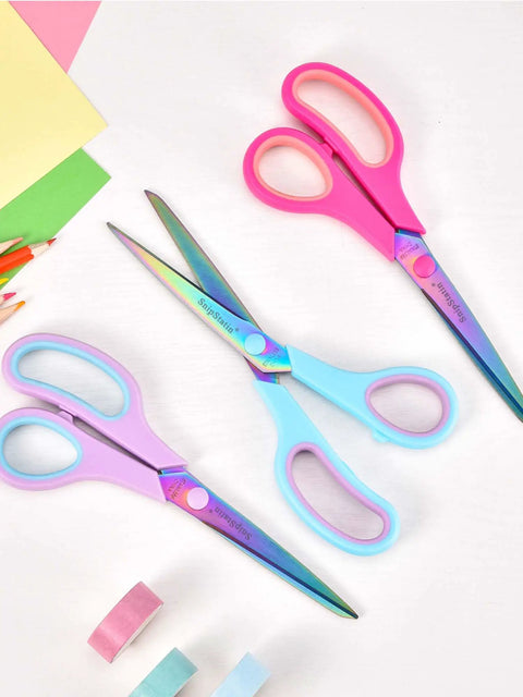 Heavy Duty 8.5 Inch Office Scissors With Titanium Coated Blades And Ergonomic Semi Soft Rubber Grip All Purpose Fabric Sewing School Craft Scissors 3 Pack, pink, blue, and lavender