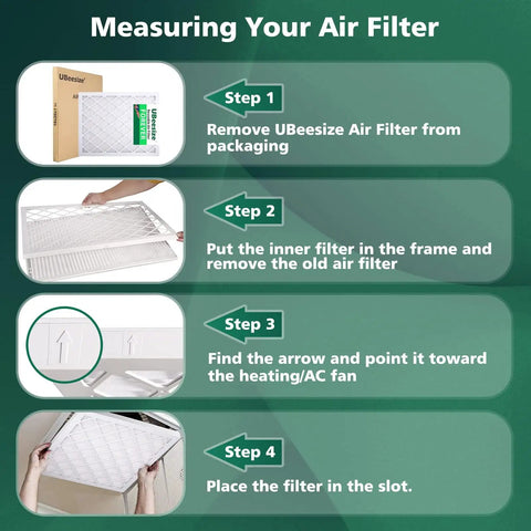 Infographic showing steps for installing 9 Pack 16x20x1 Air Filters With Reusable ABS Frame Deep Pleated MERV 11 MPR 1200 FPR 6-8