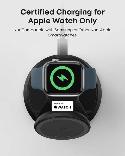 MagSafe 15W Wireless Charger Dock For iPhone 17 16 15 14, Apple Watch And AirPods, showing Apple Watch charging on dock