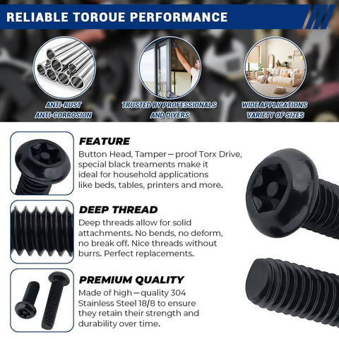 Hella Durable M6 12mm Button Head Torx Machine Screws With T30 Bit Black Coated, showcasing features and details of the product.