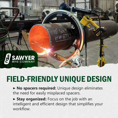 Heavy Duty Pipe Beveling Machine Featuring Quick Set Cutting Heads And A Rugged Hinged Saddle That Locks Tight On Eight To Fourteen Inch Steel Pipes For Clean Weld Prep with welding action on steel pipe.