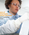 Person wearing Breathable Particle Protection Sleeve Protectors for Dust and Dirt, 21 Inch Length, white, in work setting.