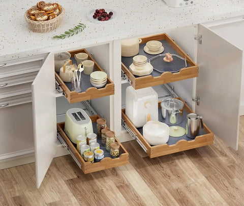 Pull Out Cabinet Organizer 1 Tier Sliding Shelf For Base Cabinets 20W By 21D Wood Pantry Kitchen Storage with pots and pans